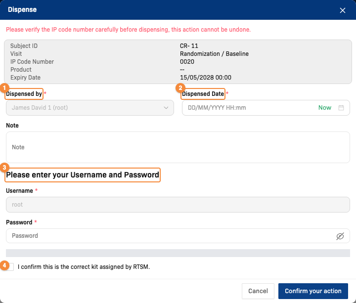 Dispense dialog for subject CR- 11 at the Randomization / Baseline visit, with the signature fields and the RTSM confirmation checkbox